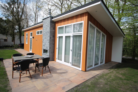 Modern houten chalet met groot terras en tuinmeubelen omringd door bomen bij Residence de Eese 20.