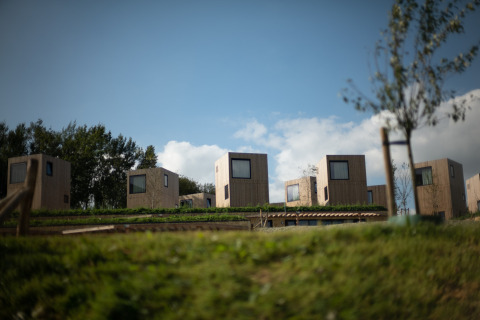 Moderne houten lodges met grote ramen op een groene heuvel bij Resort Gulpen 3 in Nederland.