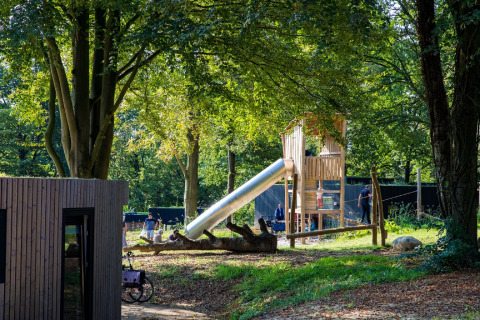 Des enfants jouent sur une aire de jeux en bois avec toboggan près d’un lodge entouré d’arbres.