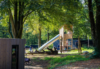Des enfants jouent sur une aire de jeux en bois avec toboggan près d’un lodge entouré d’arbres.