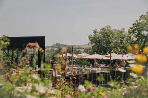 Espace de restauration extérieur d'un lodge avec parasols et fleurs, entouré de verdure par beau temps.