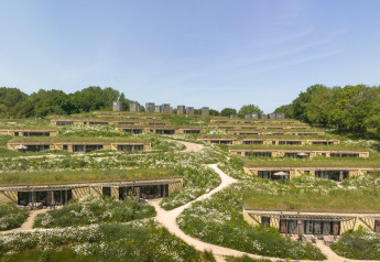 Naturintegrerede lodges på en skråning, med grønne tage og vilde blomster, omgivet af træer og sti.