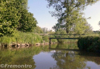 Foto di un tranquillo fiume vicino a un lodge con un piccolo ponte, circondato da alberi e cielo sereno.