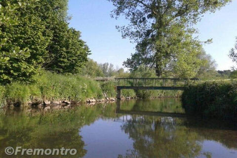 Photo d'une rivière paisible près d'un lodge avec un petit pont, entourée d'arbres verts et ciel bleu.