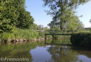 Photo d'une rivière paisible près d'un lodge avec un petit pont, entourée d'arbres verts et ciel bleu.