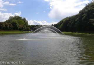Un bassin paisible avec une grande fontaine au centre, entouré d’arbres et de verdure sous un ciel bleu.