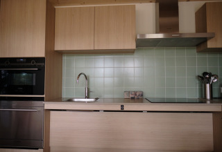 Modern kitchen at Resort Gulpen 2 in the Netherlands with wood cabinets, green tiles, oven and sink.