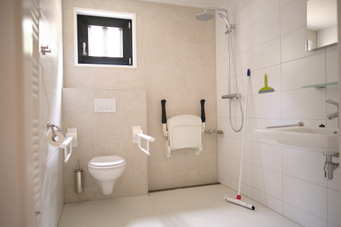 Accessible bathroom at Resort «Gulpen 2» in the Netherlands, featuring grab bars, shower, and toilet