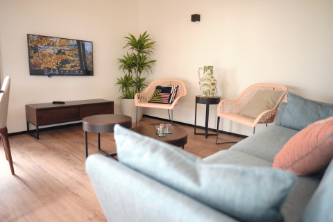 Sala moderna en Resort Gulpen 1 con sofá, sillas, plantas y televisor en la pared, en los Países Bajos.