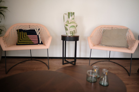 Zona de estar moderna en Resort «Gulpen 1» en Países Bajos, con sillas, cojines y decoración.