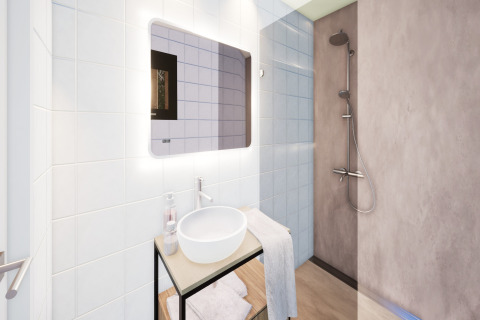 Baño moderno con lavabo redondo, espejo iluminado y ducha en Resort Gulpen 1, Países Bajos.