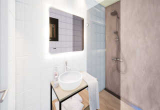 Baño moderno con lavabo redondo, espejo iluminado y ducha en Resort Gulpen 1, Países Bajos.