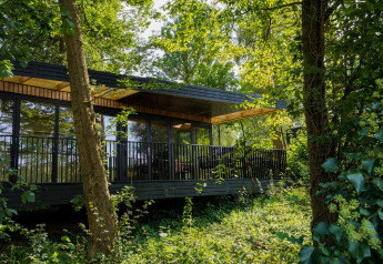 Moderne lodge på Resort Gulpen 1 i Holland, omgivet af frodige grønne træer i et fredeligt skovområde.