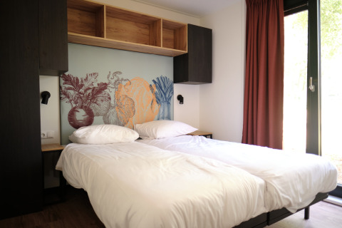 Moderne lodgekamer in Resort Gulpen 6 in Nederland met twee eenpersoonsbedden en een muurschildering.