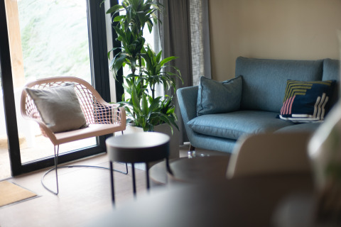 Lichte zithoek in Resort Gulpen 5, Nederland, met moderne stoel, blauwe zetel en groene kamerplant.
