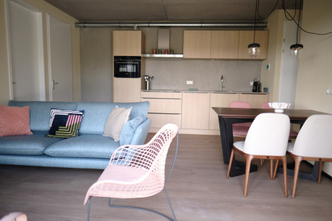 Moderne lodge-stue og køkken på Resort Gulpen 4 i Holland med stilfulde møbler og lys indretning.