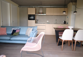 Moderne lodge-stue og køkken på Resort Gulpen 4 i Holland med stilfulde møbler og lys indretning.