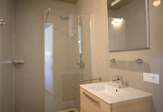 Moderne badeværelse med bruser, spejlskab, håndvask og glasvæg på Resort Gulpen 4 i Holland.
