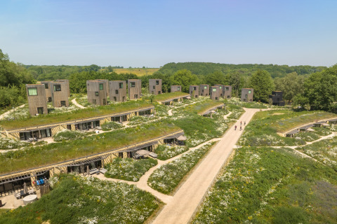 Luftfoto af Resort Gulpen 4 i Holland, med bæredygtige lodges omgivet af grønt og vilde blomster