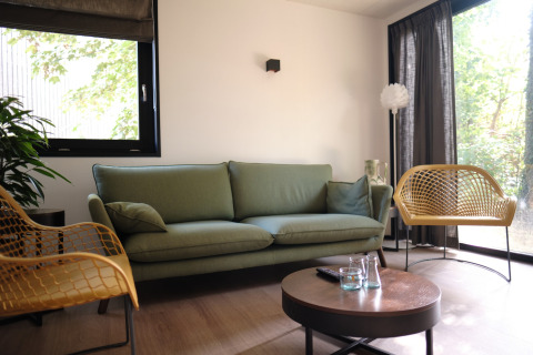 Salon moderne au Resort Gulpen 8 aux Pays-Bas avec canapé vert, fauteuils jaunes et grandes fenêtres lumineuses.