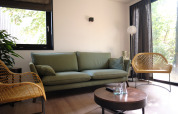 Sala de estar moderna en Resort Gulpen 8 en los Países Bajos con sofá verde, sillas amarillas y grandes ventanas.