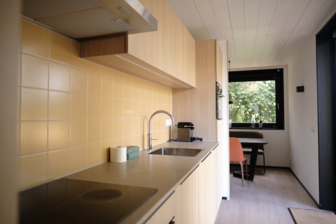 Cuisine moderne du Resort Gulpen 8, Pays-Bas, avec carrelage jaune, plaque de cuisson et coin repas près de la fenêtre.