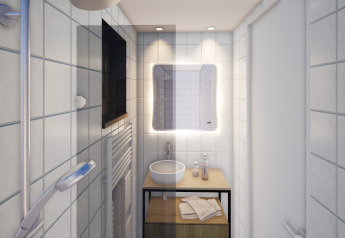 Baño moderno en Resort Gulpen 8, Países Bajos, con lavabo, espejo iluminado y toallas dobladas.