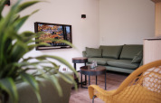 Stilfuld stue i Resort Gulpen 7, Nederlandene, med grøn sofa, tv og moderne indretning.