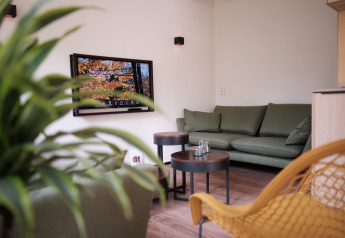 Stilfuld stue i Resort Gulpen 7, Nederlandene, med grøn sofa, tv og moderne indretning.