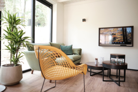 Salon lumineux au Resort Gulpen 7 aux Pays-Bas, avec canapé vert, chaise jaune et grande baie vitrée.