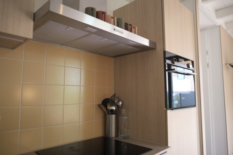 Cuisine moderne au Resort Gulpen 7, Pays-Bas, avec four, plaques, hotte aspirante et ustensiles.