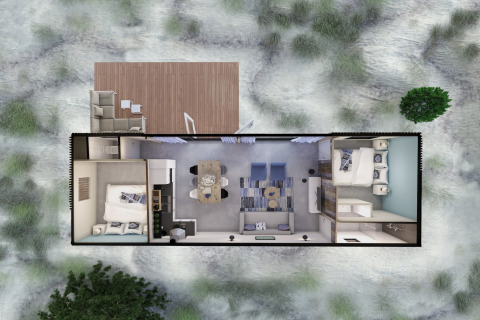 Bovenaanzicht van Sea Lodges Bloemendaal 5 in Nederland, met twee slaapkamers en leefruimte.