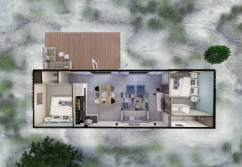 Vue aérienne du Sea Lodges Bloemendaal 5 aux Pays-Bas, avec deux chambres et un espace salon-salle à manger.