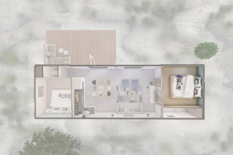 Bovenaanzicht van Sea Lodges «Bloemendaal 5» in Nederland met slaapkamers en open leefruimte.