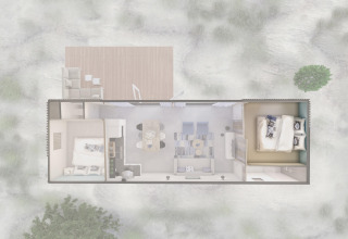Bovenaanzicht van Sea Lodges «Bloemendaal 5» in Nederland met slaapkamers en open leefruimte.