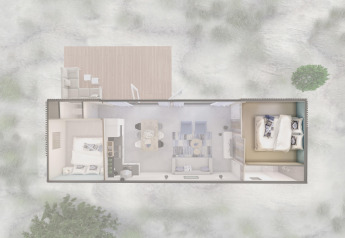 Vue aérienne de Sea Lodges «Bloemendaal 5» aux Pays-Bas, montrant deux chambres et espace salon ouvert.