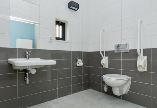 Aangepaste badkamer in Sea Lodges Bloemendaal 4 met steunen, wandwastafel en zwevend toilet.