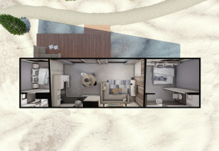 Bovenaanzicht van Sea Lodges Bloemendaal 4, een fraaie strandlodge in Nederland met twee slaapkamers en terras.
