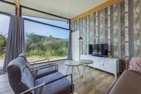 Salón moderno con grandes ventanales, TV y vistas a la naturaleza en Sea Lodges Bloemendaal 3, Países Bajos.