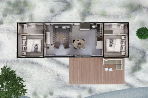 Bovenaanzicht van Sea Lodges ‘Bloemendaal 3’ in Nederland met 2 slaapkamers, leefruimte en houten terras.
