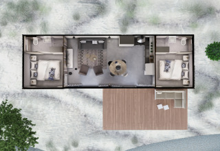 Vista aérea de Sea Lodges «Bloemendaal 3» en Países Bajos con dos dormitorios, salón y terraza de madera.