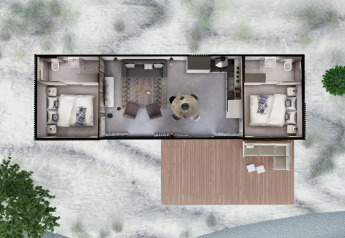 Vue aérienne de Sea Lodges « Bloemendaal 3 » aux Pays-Bas avec deux chambres, salon et terrasse.