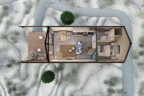 Bovenaanzicht van Sea Lodges ‘Bloemendaal 2’ strandhuis in Nederland met kamers, leefruimte en terras.
