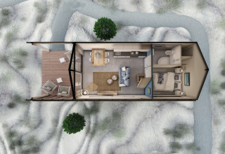 Bovenaanzicht van Sea Lodges ‘Bloemendaal 2’ strandhuis in Nederland met kamers, leefruimte en terras.