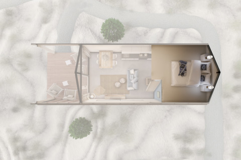 Bovenaanzicht plattegrond van een strandhuis met slaapkamer, keuken, leefruimte en terras aan Sea Lodges Bloemendaal.