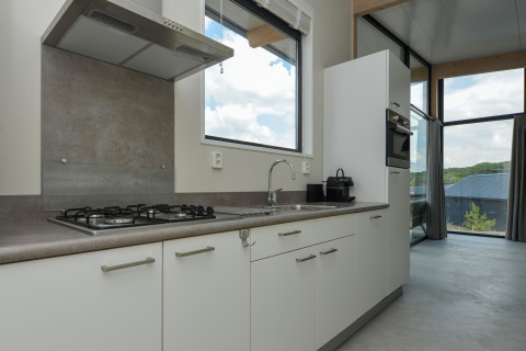Moderne keuken met gasvuur, gootsteen en grote ramen bij Sea Lodges Bloemendaal 1, Nederland.