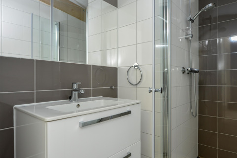 Moderne badkamer met douche, wastafel en spiegel in Sea Lodges «Bloemendaal 1» in Nederland.