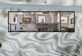 Luchtfoto van het interieur van Sea Lodges ‘Bloemendaal 1’ in Nederland met moderne inrichting en kamers.