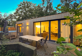 Outdoor area of Wellnes suite lodge with patio, table, chairs, and warmly lit living room during evening.