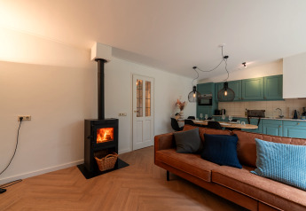 Living area at Wellnes suite lodge in the Netherlands with fireplace, brown sofa, and blue kitchen units.